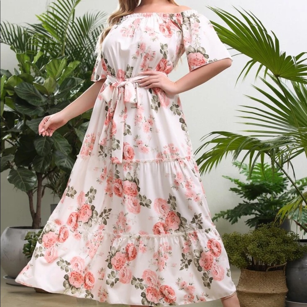 Boho plus floral print belted off shoulder dress - Picture 6 of 7